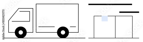 Logistics, shipping services, cargo delivery, warehouse storage, distribution network, business supply chain. A truck near a warehouse. Logistics and shipping services concept