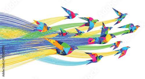 Flock of Colorful Paper Origami Birds Flying with Dynamic Light Streaks