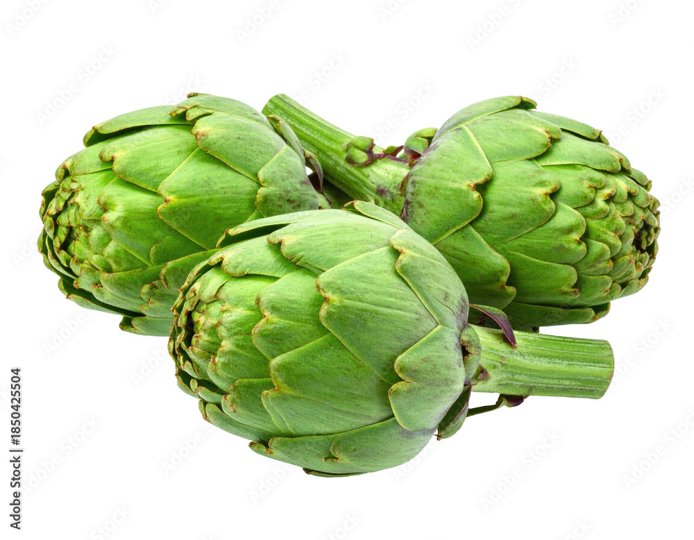 Fototapeta premium Close-up of three fresh, vibrant green artichokes against a black background