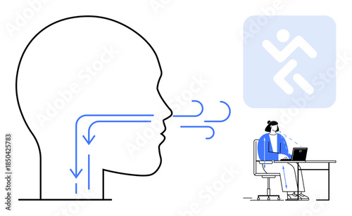 Breathing process. Diagram shows airflow direction and its significance in workplace health. Breathing alongside workplace ergonomics, wellness, health systems, and safe environments