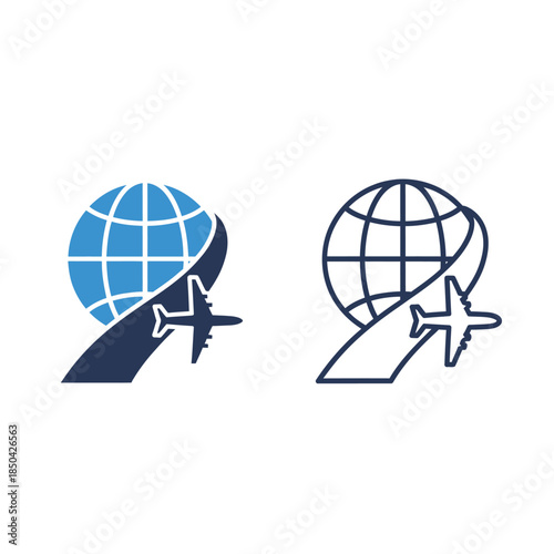 Airplane flying around globe with travel path in blue and dark blue Keywords: airplane, globe, world, travel, flight