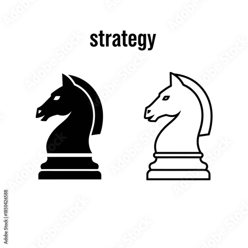 Black and Outline Chess Knight Pieces With Strategy Text Keywords: chess, knight, strategy, game, board game, piece, icon