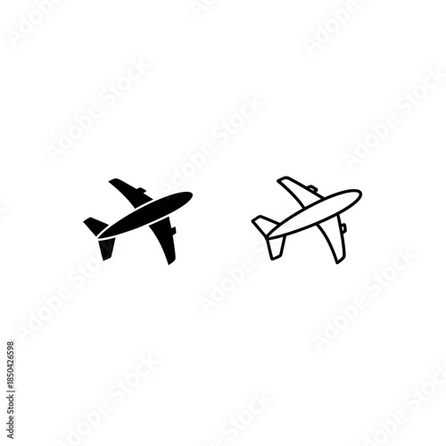 Black and white airplane icon in solid and outline styles for travel Keywords: airplane, plane, aircraft, travel, flight