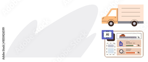 Delivery truck and AI-enhanced dashboard displaying logistics, route tracking, and efficiency metrics. Ideal for technology, analytics, automation, shipping, transportation, delivery digital