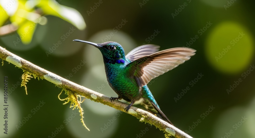Fototapeta premium Hummingbird hovering in midair while feeding from a flower, showing iridescent feathers and rapid wing motion. Symbol of agility, beauty, and vibrant wildlife.