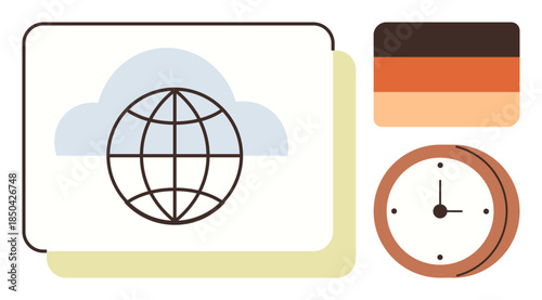 Globe within a cloud suggesting internet connectivity, colored palette hinting design choices, and a clock symbolizing time. Ideal for technology, productivity, globalization, planning, remote work