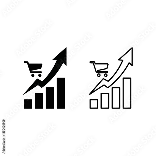 Shopping cart on bar graph with upward arrow in solid and outline growth sales