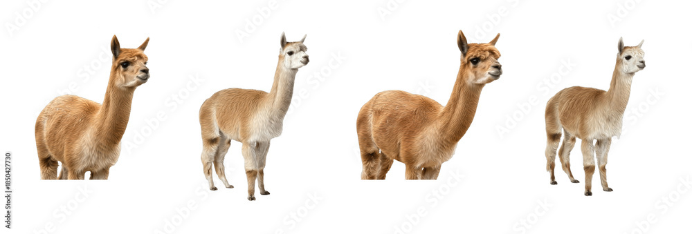Naklejka premium Set of alpaca standing in different poses isolated on transparent PNG background, oil paint