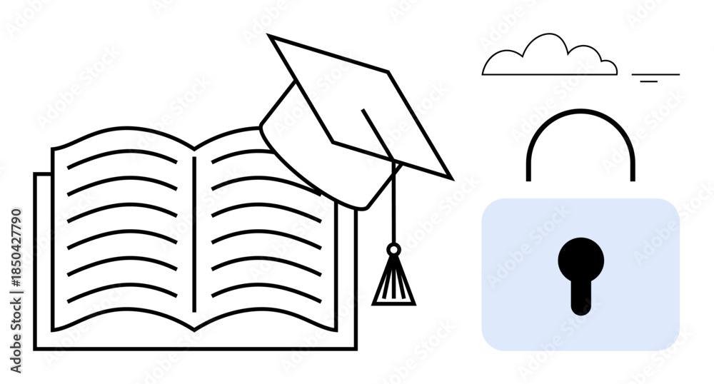 Fototapeta premium Education security concept. Open book, graduation cap, and padlock secure learning and information protection. Education security, privacy in education, data safety. Perfect for e-learning, academic