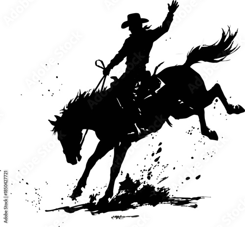 Cowboy Bucking Horse Silhouette. Grunge Ink Vector for Year of the Horse 2026