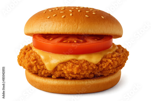 Wallpaper Mural Crispy fried chicken burger with melted cheese and fresh tomato slice on a sesame bun, transparent background Torontodigital.ca