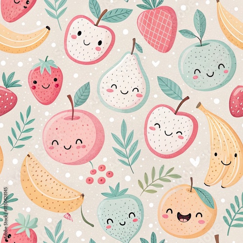 Cute smiling fruit pattern featuring apples bananas pears and strawberries on light background
