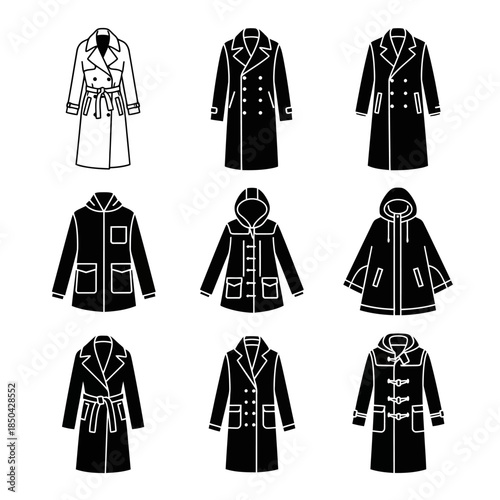 Long Winter Mantel Icon Set Featuring Formal and Casual Overcoat Designs for Fashion and Apparel Applications