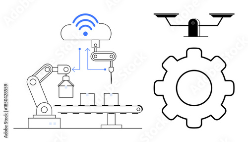 Smart manufacturing, IoT, industrial processes, automation, technology, production efficiency. Robotic arm on assembly line, IoT cloud gear and weighing scale. Smart manufacturing and IoT concepts
