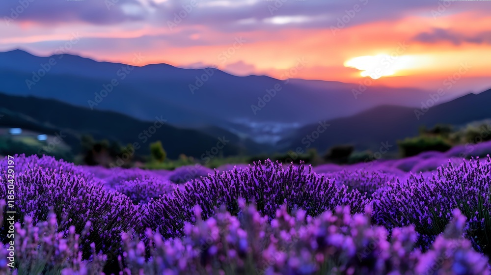 Fototapeta premium Lavender field at sunset with purple flowers blooming in mountain valley landscape. Dramatic colorful sky with golden hour lighting over rolling hills countryside.