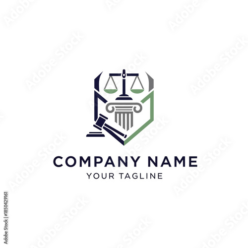 A modern legal firm logo featuring a balance scale, classical column, and gavel within a shield design, representing justice and law.