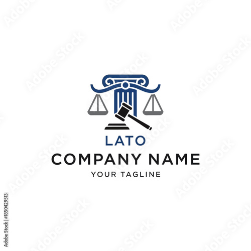 Professional legal company logo featuring a classical column, scales of justice, and a gavel, with placeholder text for company name and tagline, ideal for law firms.