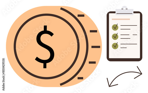 Dollar coin and checklist with green checkmarks and curved arrows suggesting finance, planning, and task workflow. Ideal for money, budgeting, productivity, goals, audits, savings simple flat