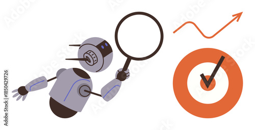 Robot holding magnifying glass examines data, focusing on accuracy and perfection. An upward arrow and target imply goal setting. Ideal for AI, analytics, technology, research, precision, innovation