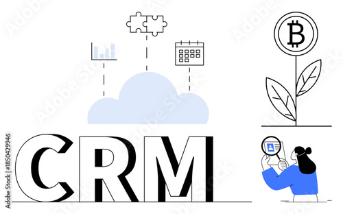 CRM concept. CRM tools enhancing business processes with cloud technology and blockchain growth. CRM supports customer management, blockchain investment, and seamless automation. Useful for finance