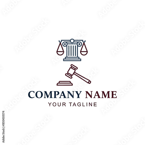 A logo design featuring scales of justice on a column, a gavel, and placeholder text for a company name and tagline, representing legal services.