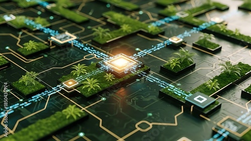 A high-tech digital concept merging nature and computing. A central glowing microchip powers a circuit board landscape integrated with lush green moss and miniature tropical palm trees.