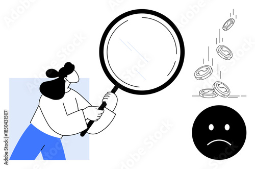 Financial analysis, recession, monetary issues, savings, investment risks, problem-solving. Woman with magnifying glass, coins falling sad face. Financial analysis and recession concept