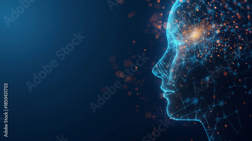 Digital human head connected by glowing neural networks suitable for technology, ai, cybersecurity, innovation, and futuristic concepts in design projects.