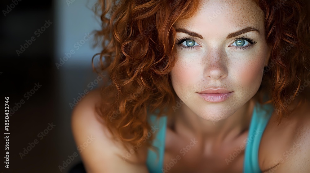Fototapeta premium Young Caucasian woman with curly red hair and blue eyes in turquoise top looking at camera with natural makeup and soft lighting for beauty and lifestyle content.