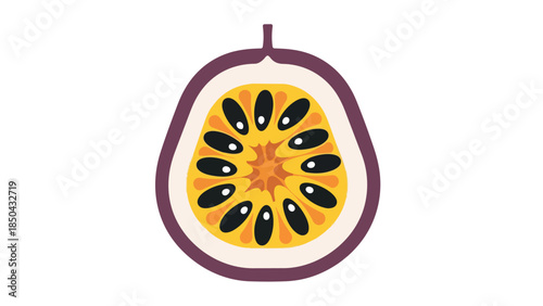 Vivid passion fruit cross-section revealing its luscious yellow arils and dark seeds