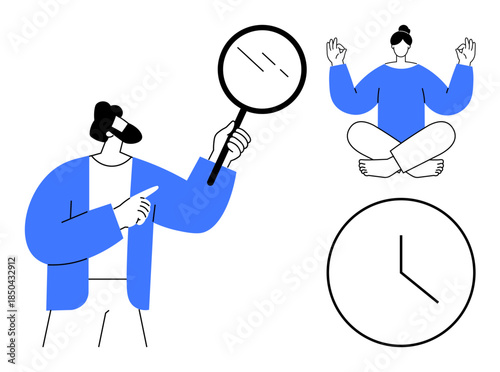 Self-improvement, mindfulness, time management, exploration, personal growth, focus. A person with a magnifying glass, another meditating and a clock. Self-improvement and mindfulness concepts