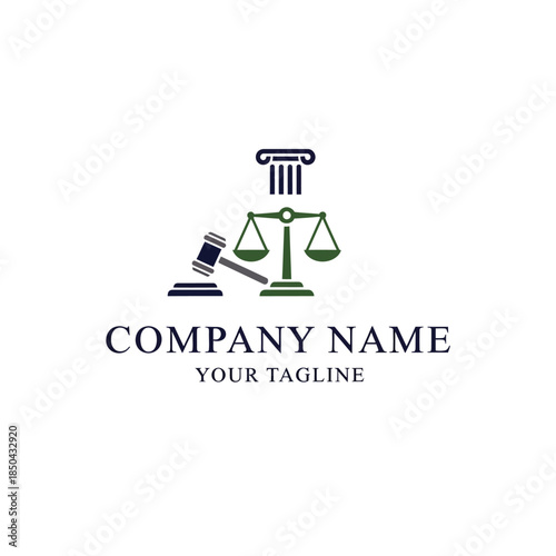 A logo featuring legal symbols like a pillar, scales of justice, and a gavel, with placeholder text for company name and tagline.
