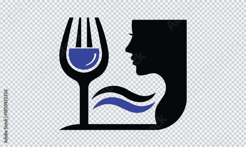Vintage vector illustration of a restaurant menu icon featuring the silhouette of a man drinking wine from a glass near a bottle for a celebration at a bar