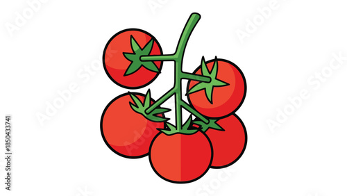 Vibrant illustration of five ripe red tomatoes on a green vine, showcasing fresh organic produce in a clean graphic style perfect for culinary and