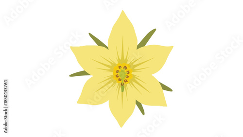 Sunny six-petal blossom icon with delicate green leaves a minimalist botanical illustration on white