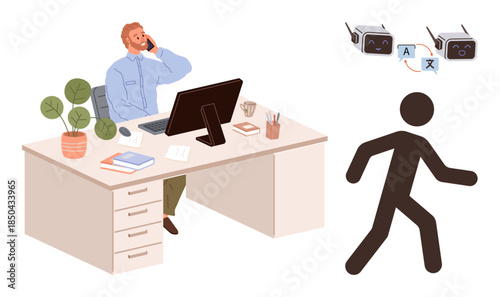 Professional at desk with computer, phone, documents, plant walking icon and translation devices symbolizing communication, efficiency, global connections. Ideal for teamwork, AI, business