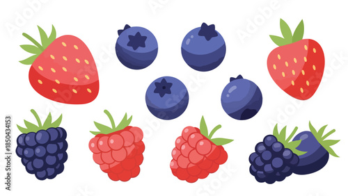 Vibrant cartoon berry collection: strawberries, blueberries, raspberries, blackberries for fresh designs