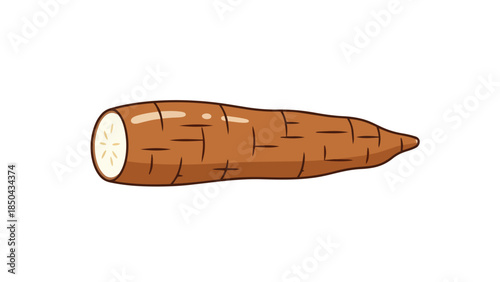Vibrant cartoon cassava root illustration with sliced detail on a pristine white background
