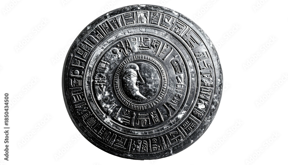 Fototapeta premium A grayscale circular shield with intricate carvings and a central face design