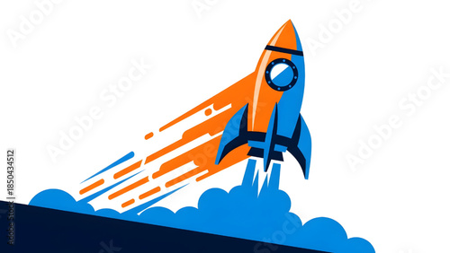 Rocket ship launching into space with fire trail and clouds, flat vector illustration of startup success and business growth
