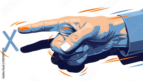 Pointing finger hand gesture with letter X mark, flat vector illustration of choice, selection, and error concept in blue and orange style