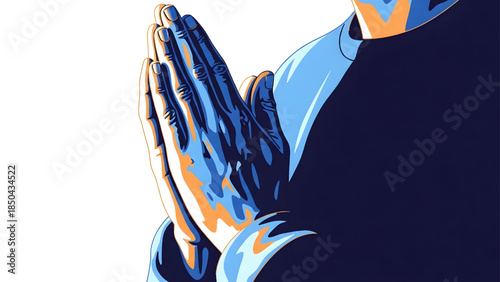 Hands held together in prayer or namaste gesture, spiritual flat vector illustration of faith, hope, and mindfulness
