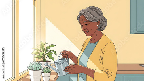 Senior woman watering houseplants by a sunny window, active elderly lifestyle flat vector illustration of indoor gardening and wellness