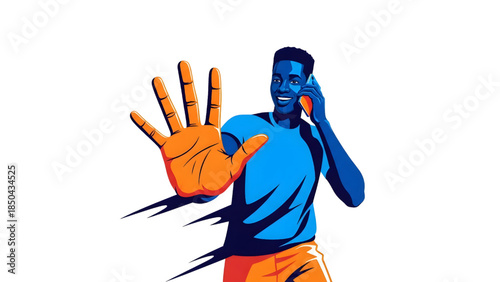 Happy young man showing a stop hand gesture while talking on a smartphone, flat vector illustration of digital distraction and safety concept