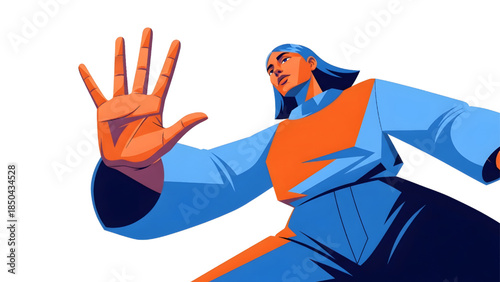 Empowered young woman making a stop hand gesture, low angle perspective flat vector illustration of boundaries and female strength