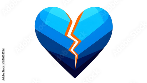 Broken heart vector illustration with glowing orange crack, flat geometric style icon for heartbreak, divorce, and emotional pain