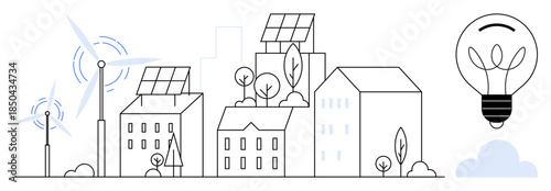 Renewable energy, sustainable living, eco-technology, clean energy, green cities, innovation. Buildings with solar panels, wind turbines and eco-light bulb. Renewable energy and sustainable living