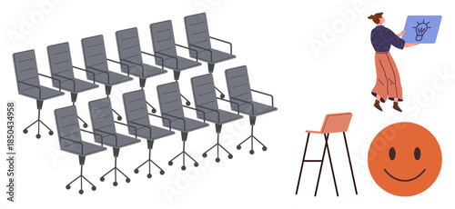 Rows of office chairs, person presenting an idea on a board, high stool, and orange smiling face. Ideal for teamwork, brainstorming, education, creativity, leadership office culture simple flat