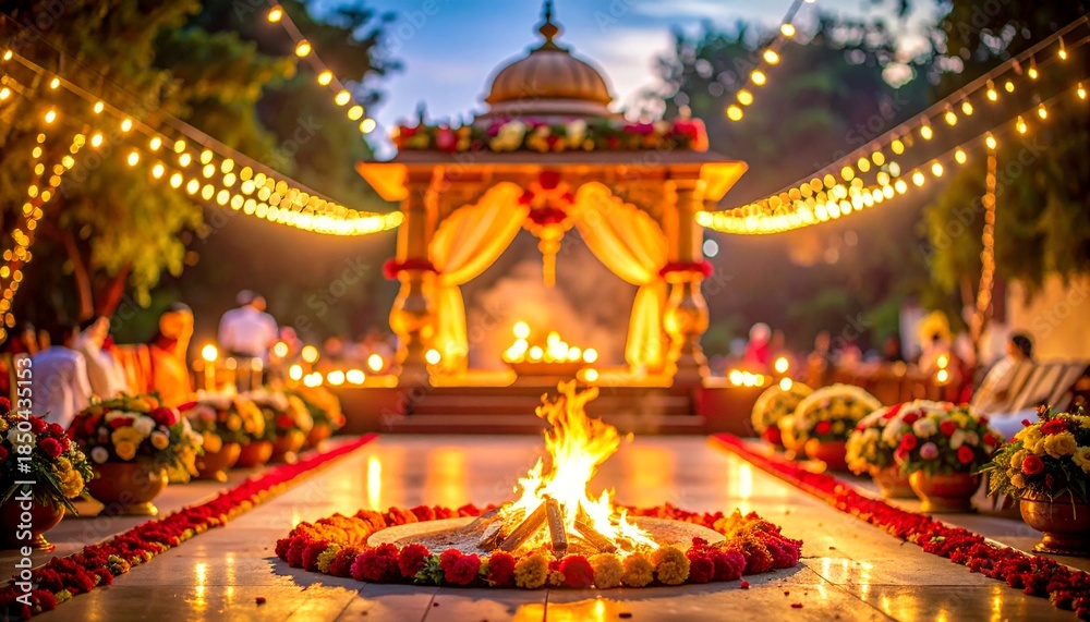 Fototapeta premium a beautifully decorated garden scene with a fire in the center surrounded by flowers and lights