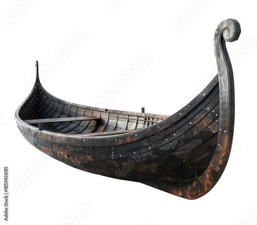 A classic Viking longboat, dark wood construction, gracefully curved with a prominent figurehead